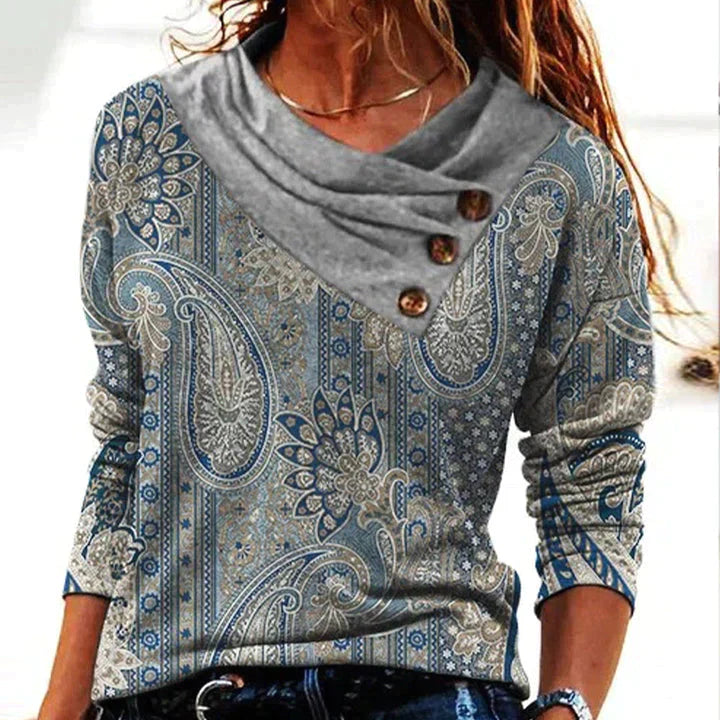 Asymmetric Neck Top with Paisley Print