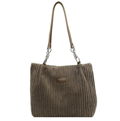 Corduroy Shoulder Tote Bag with Zip Closure