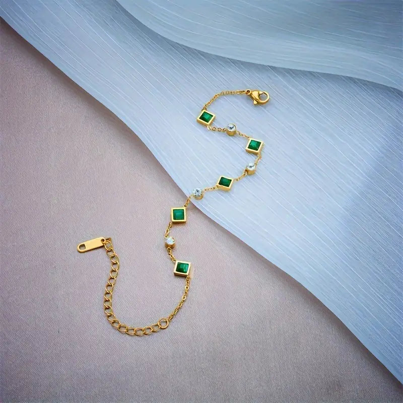 Gold-Tone Chain Bracelet with Green Stone Stations