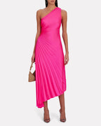 One-Shoulder Pleated Asymmetric Hem Maxi Dress