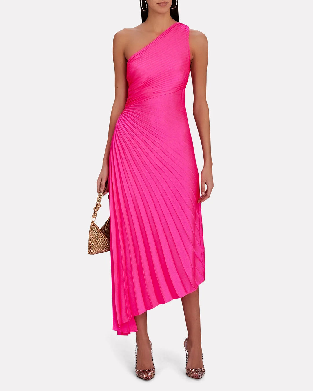 One-Shoulder Pleated Asymmetric Hem Maxi Dress