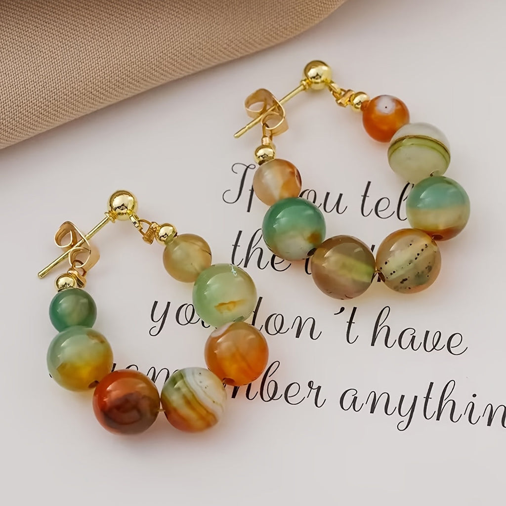 Boho Stone Bead Gold-Plated Hoop Earrings