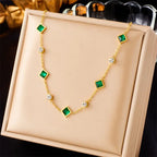 Green Clover Station Necklace in Gold Tone