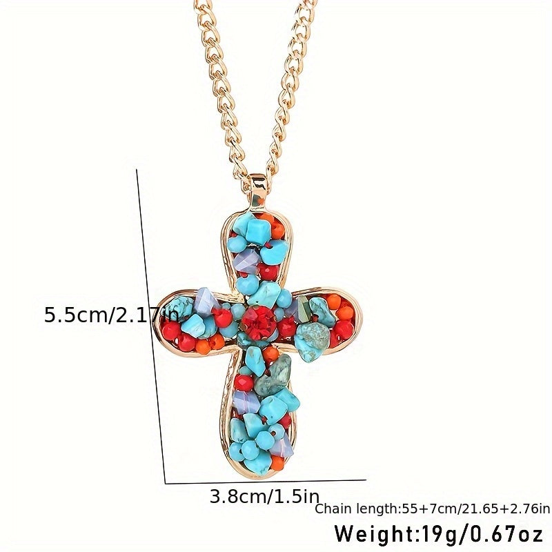 Bohemian Colourful Turquoise Cross Pendant Necklace