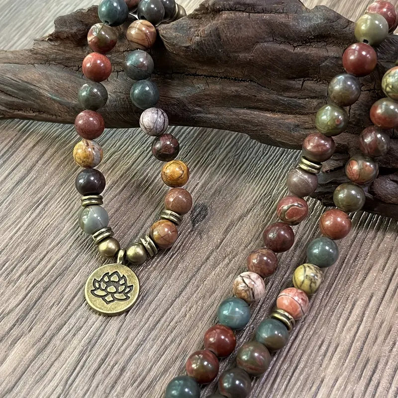 Lotus Charm Polychrome Jasper Multi-Layer Bracelet
