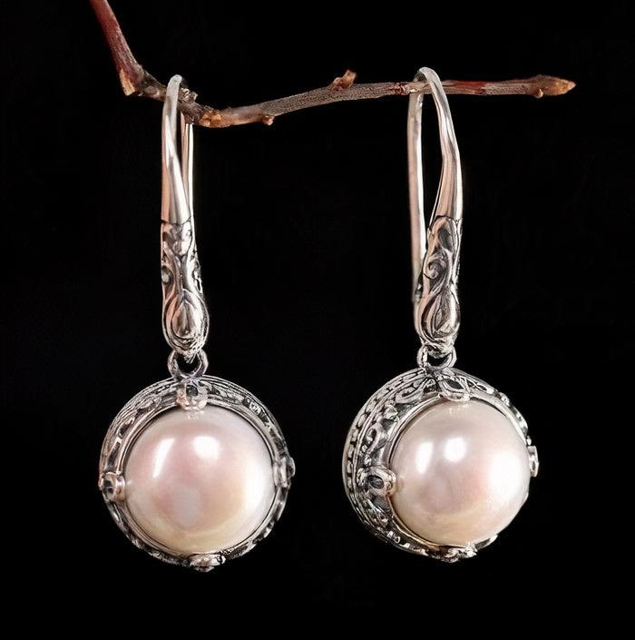 Brincos com Armação de Contas de Pérola Rosa Prateados Estilo Vintage