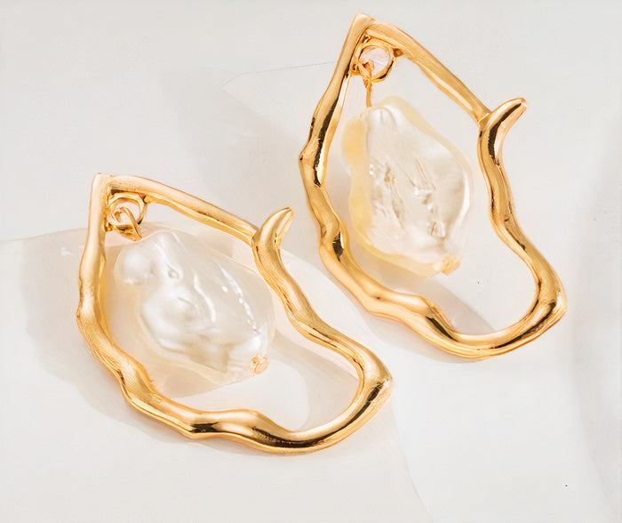 Vintage-Style Gold-Tone Organic Frame Earrings with Clear Stone