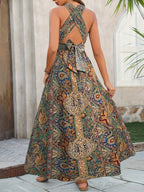 Printed Halter Neck Tie-Waist Open Back Maxi Dress