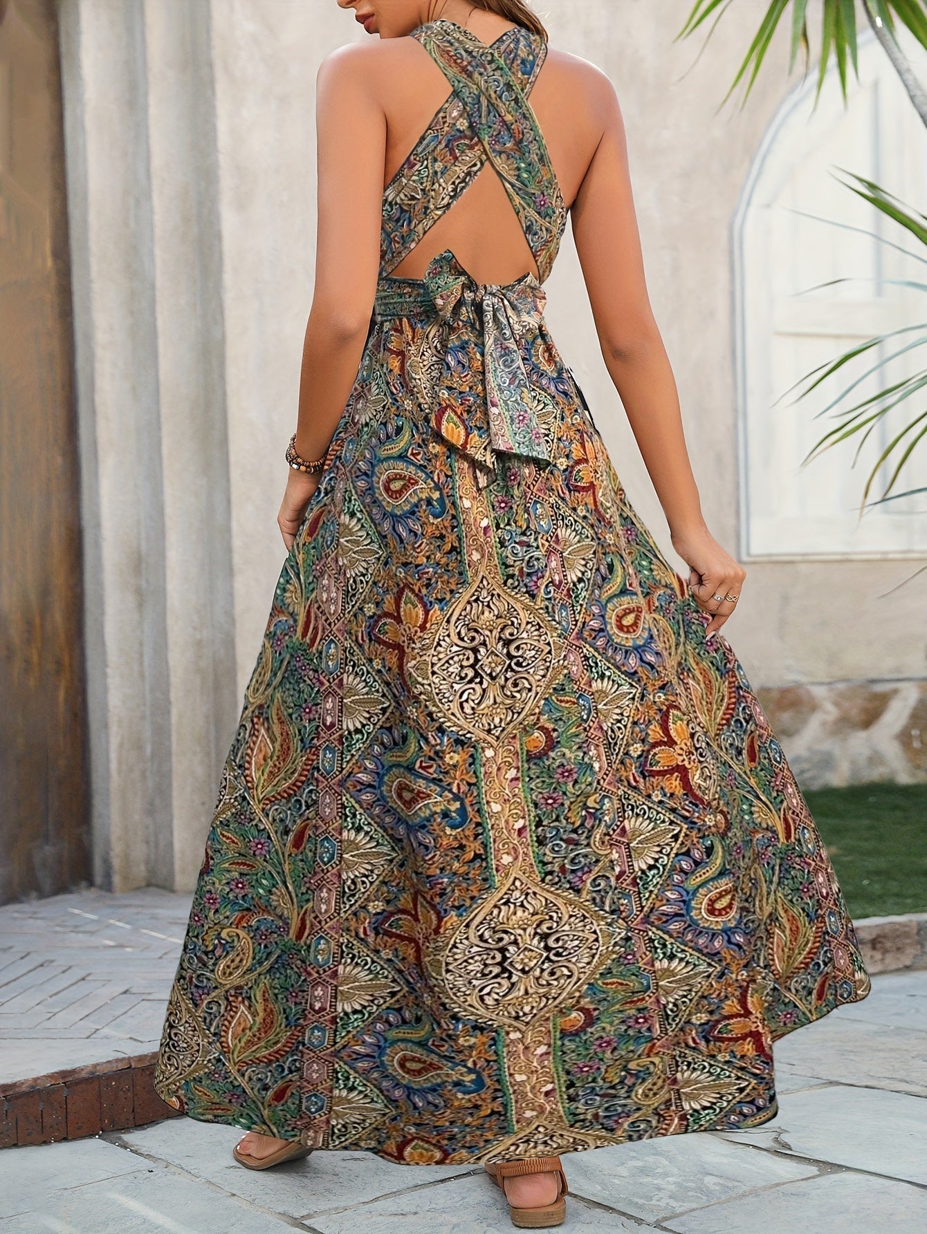 Printed Halter Neck Tie-Waist Open Back Maxi Dress