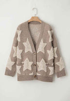 Star Print Sherpa Cardigan with V Neck and Front Pockets