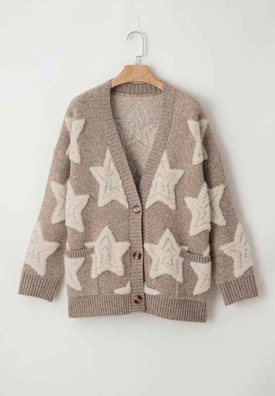 Star Print Sherpa Cardigan with V Neck and Front Pockets