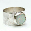 Wide Hammered Silver-Tone Band with Round Opal-Look Stone
