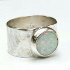 Wide Hammered Silver-Tone Band with Round Opal-Look Stone