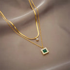 Double-Layer Necklace with Green Square Pendant