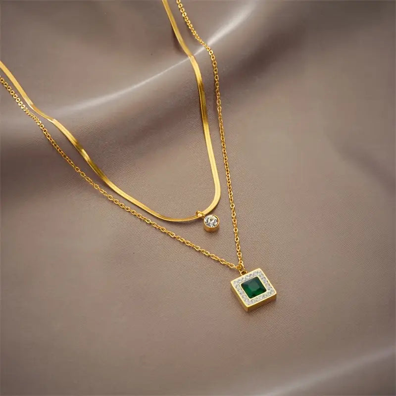 Double-Layer Necklace with Green Square Pendant