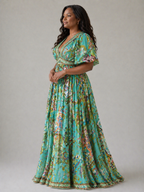Maxi-jurk met pofmouwen, V-hals en vloeiende rok