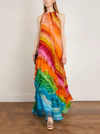 Halter Neck Ruffled Layered Skirt Maxi Dress