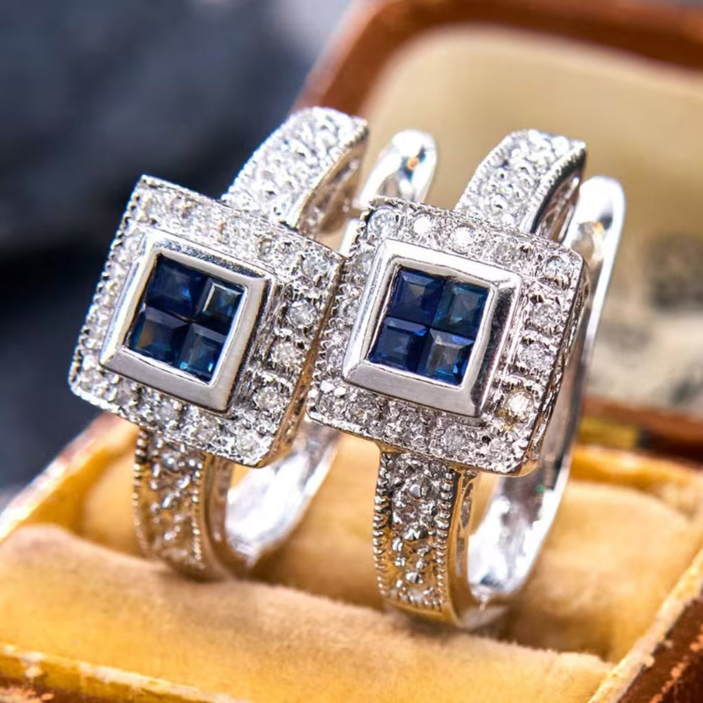 Royal Blue Square Halo Earrings
