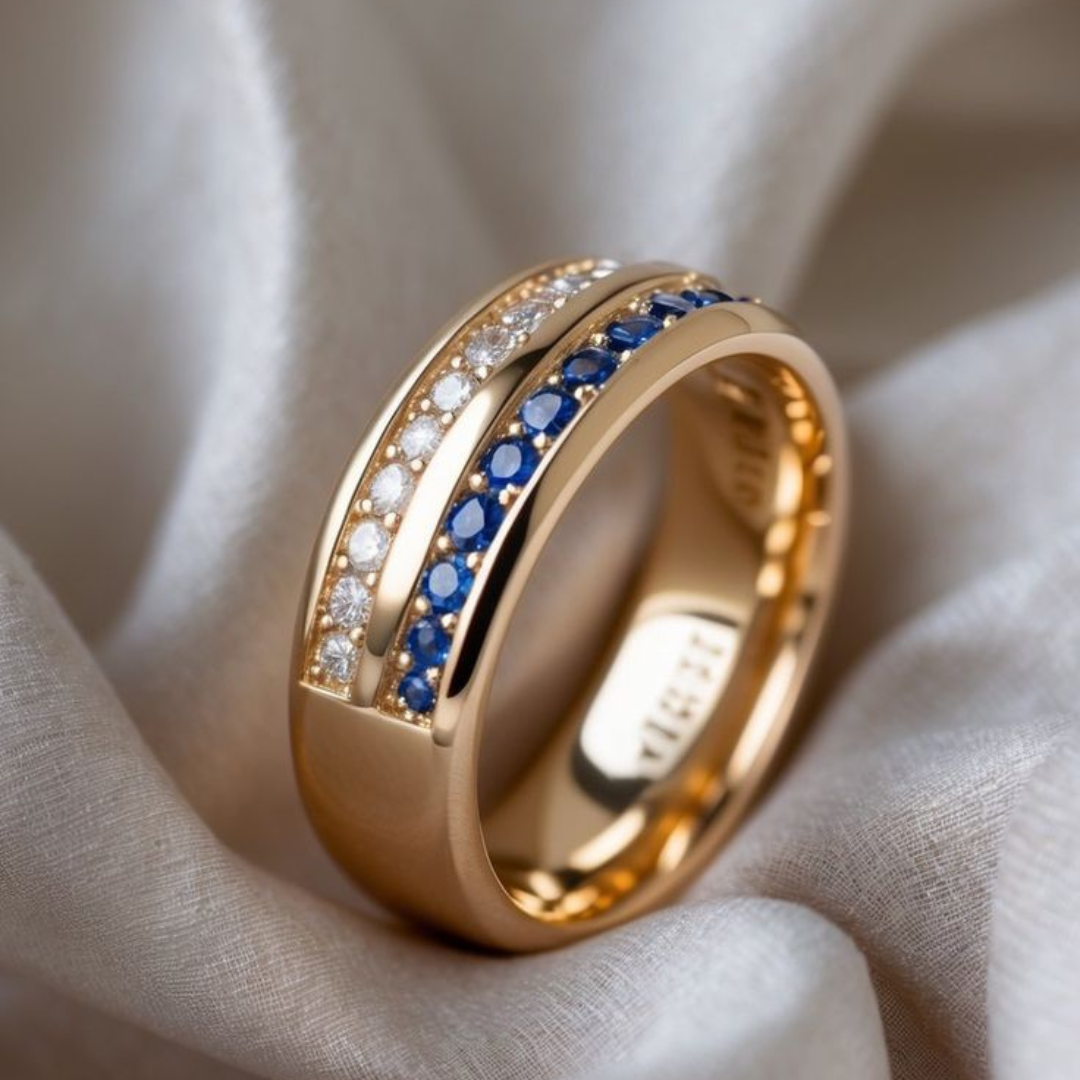 Double-Row Blue Crystal Gold-Plated Band Ring