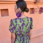 Pleated Tie-Waist V-Neck Short Sleeve Midi Dress