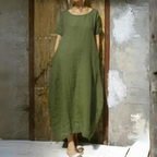 Round Neck Short Sleeve Textured Linen Maxi Dress