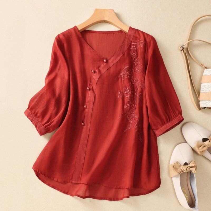 Embroidered Mid-Sleeve Blouse with Asymmetric Button Front