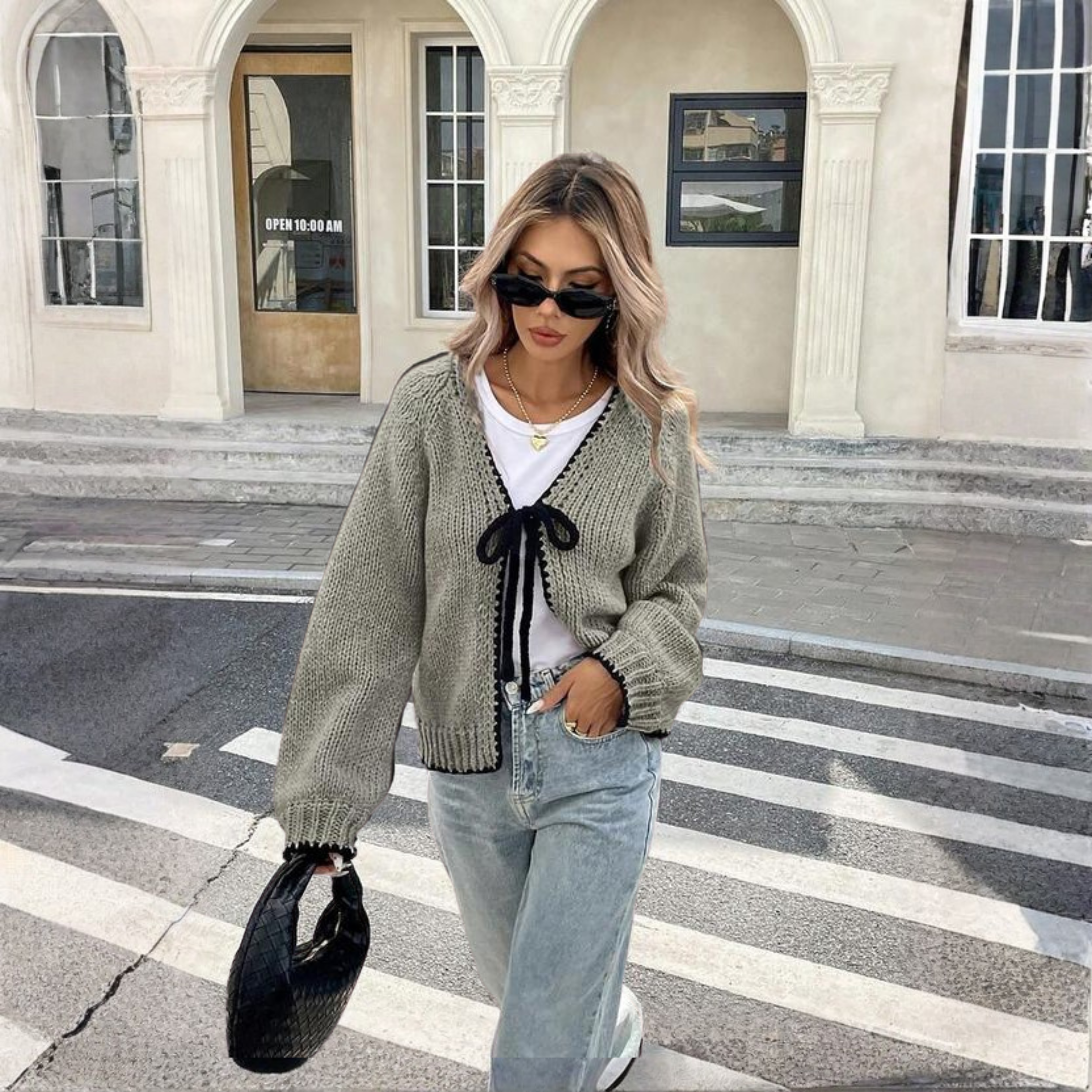 Knit Cardigan with Front Tie Fastening and Long Sleeves