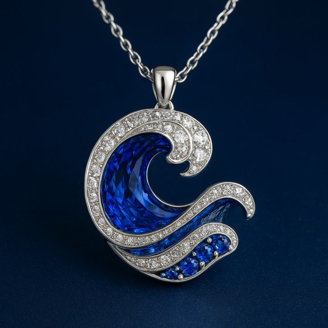 Sapphire-Look Wave Pendant Necklace