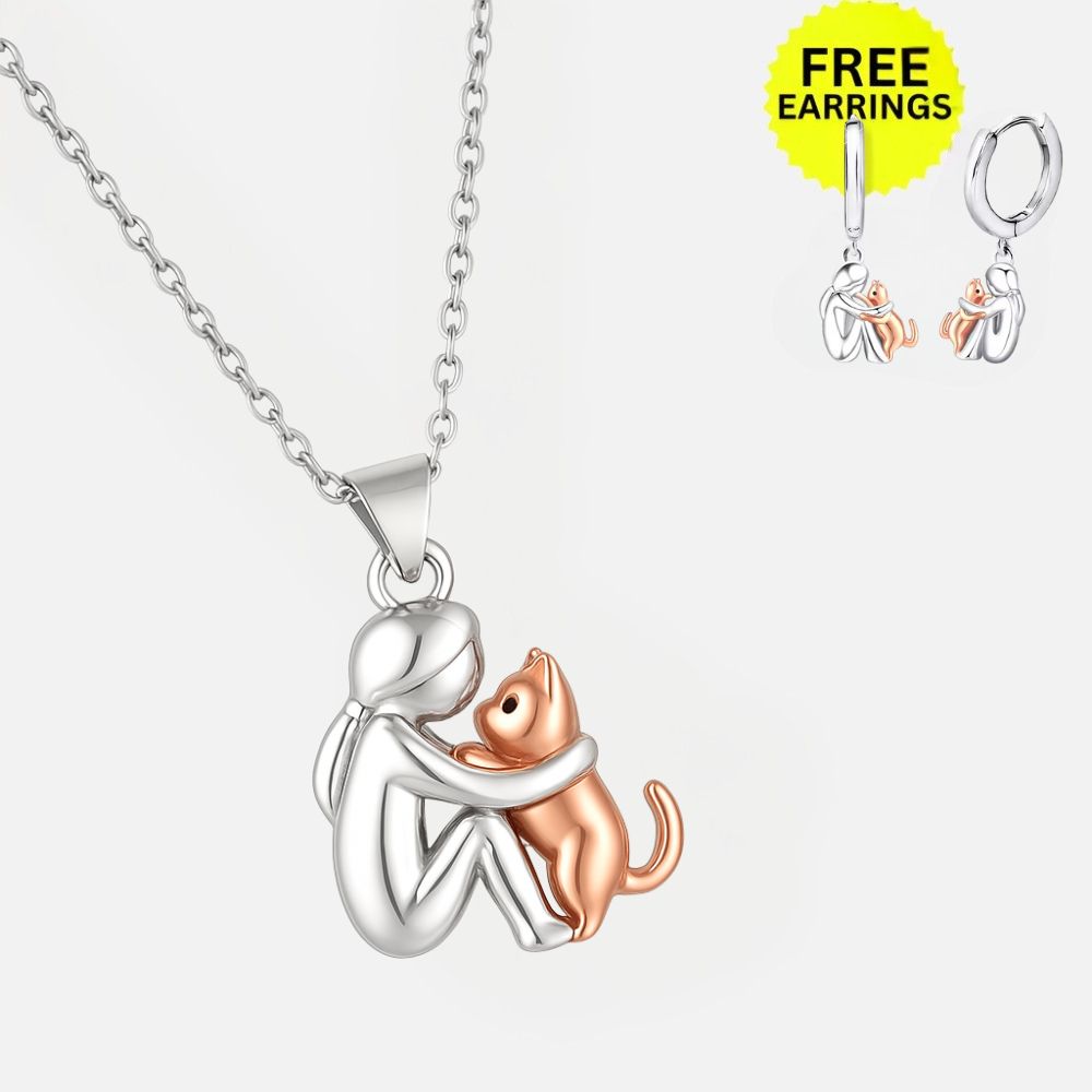 Cat Hug Pendant Necklace and Earrings Set