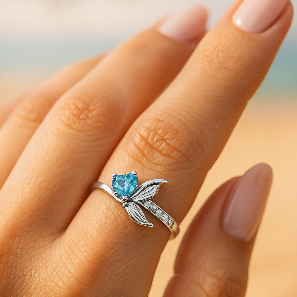 Adjustable Opal-Look Tail and Heart Silver-Tone Ring