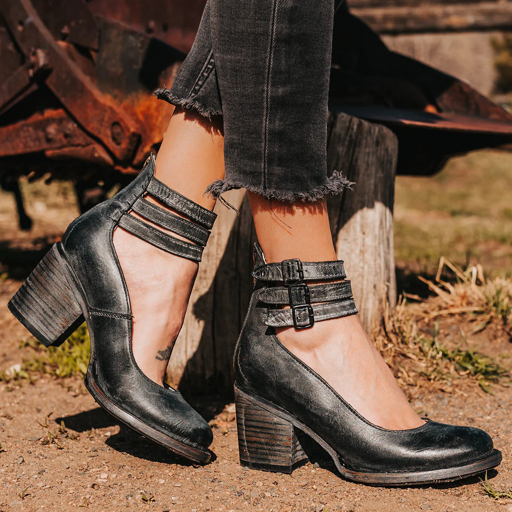 Faux Leather Triple Strap Block Heel Sandals