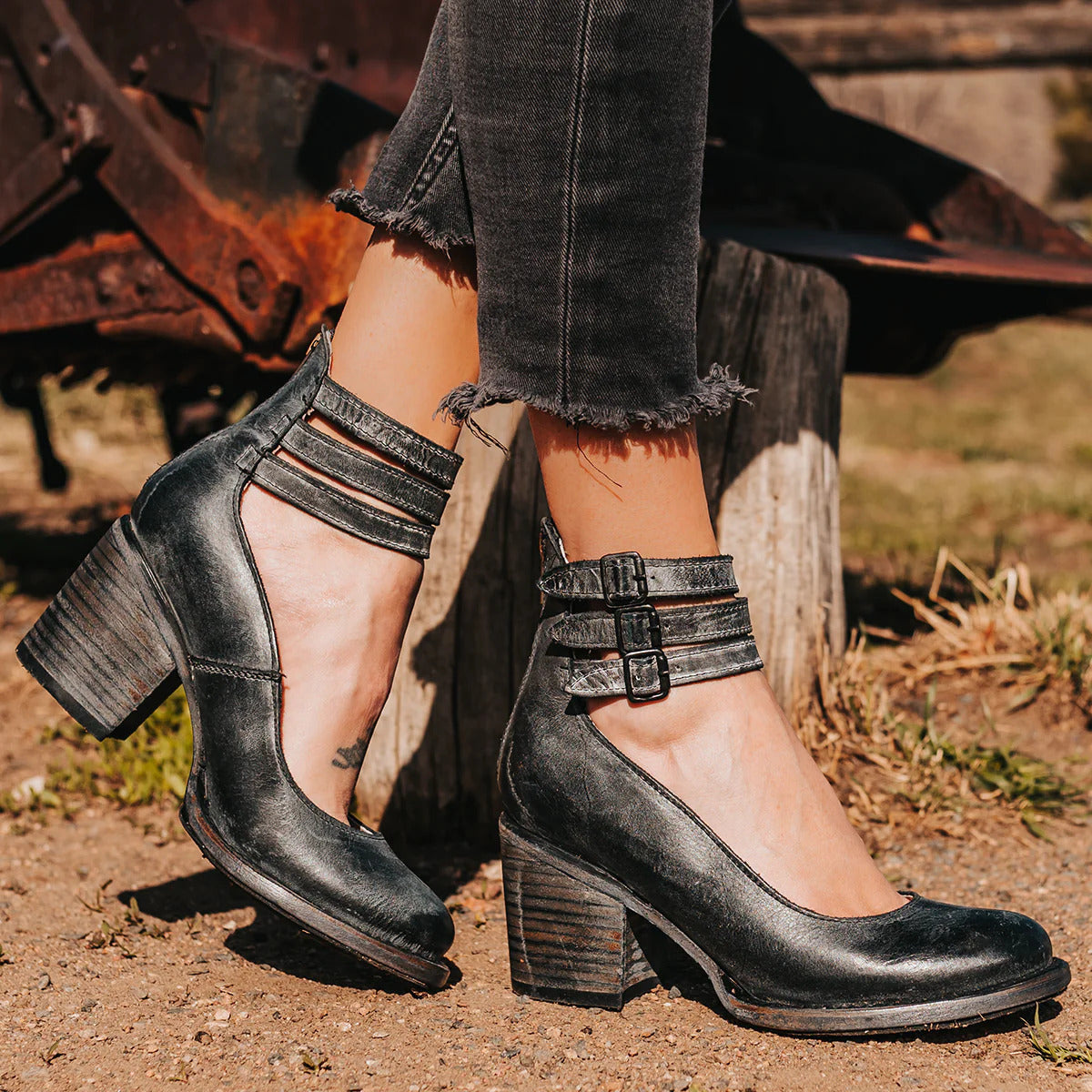 Faux Leather Triple Strap Block Heel Sandals
