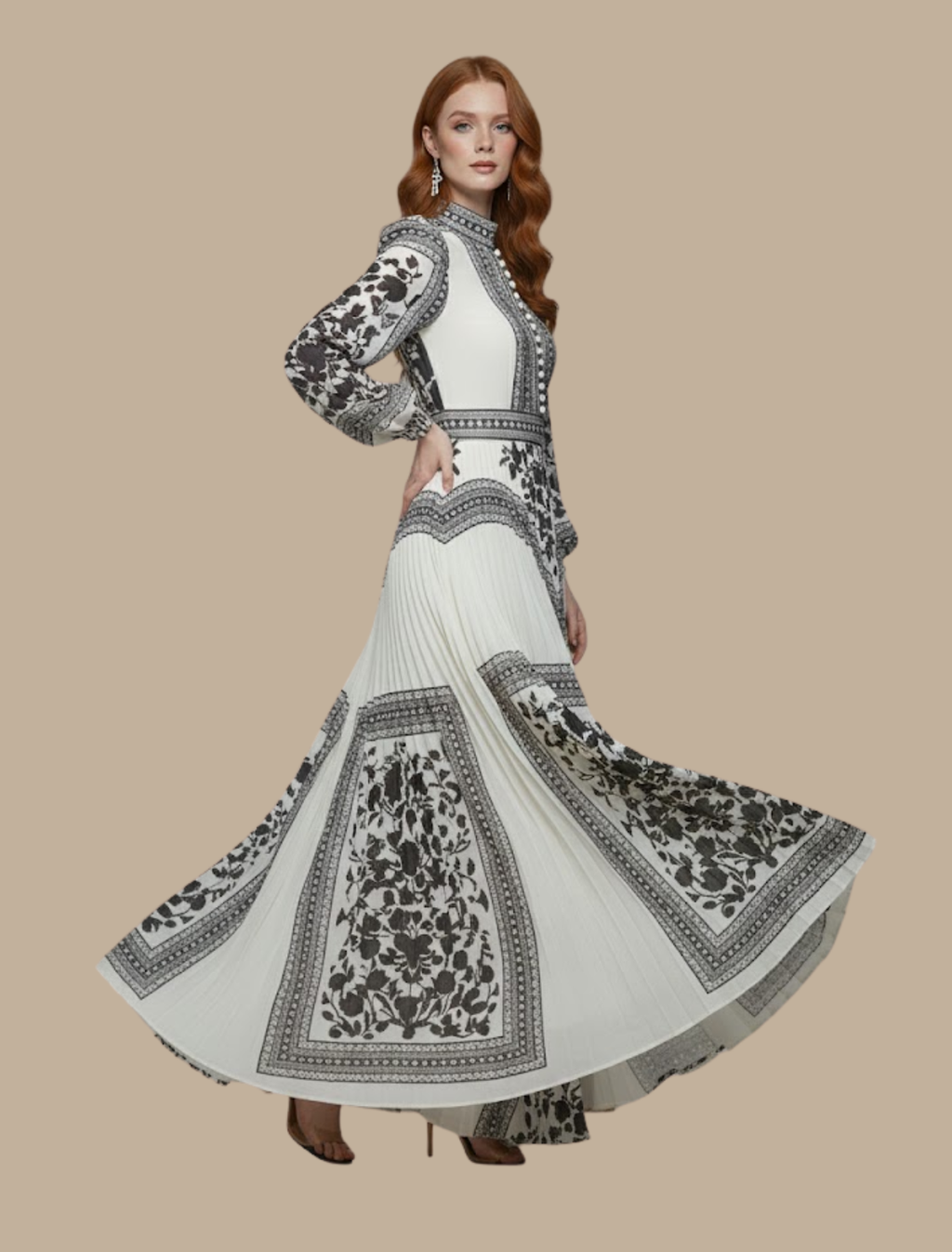 Printed Mock Neck Long Sleeve Maxi Dress