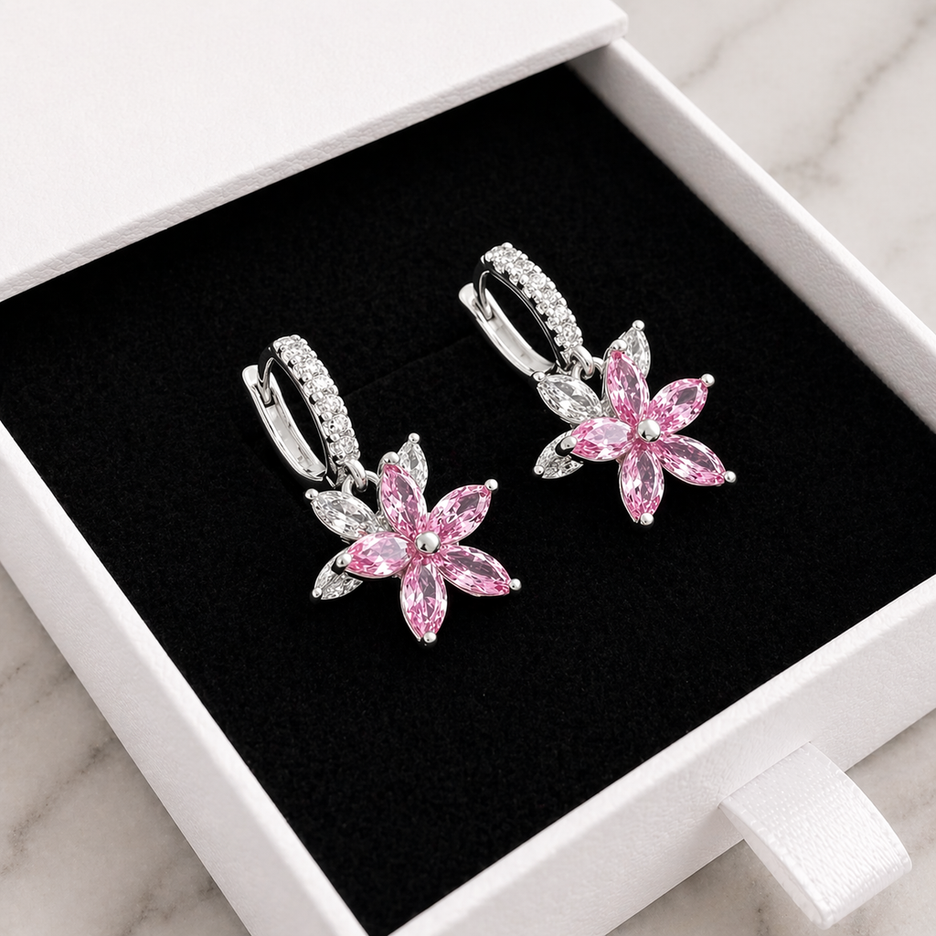Pink Petal Burst Earrings in White Gold Tone
