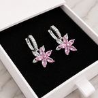 Pink Petal Burst Earrings in White Gold Tone