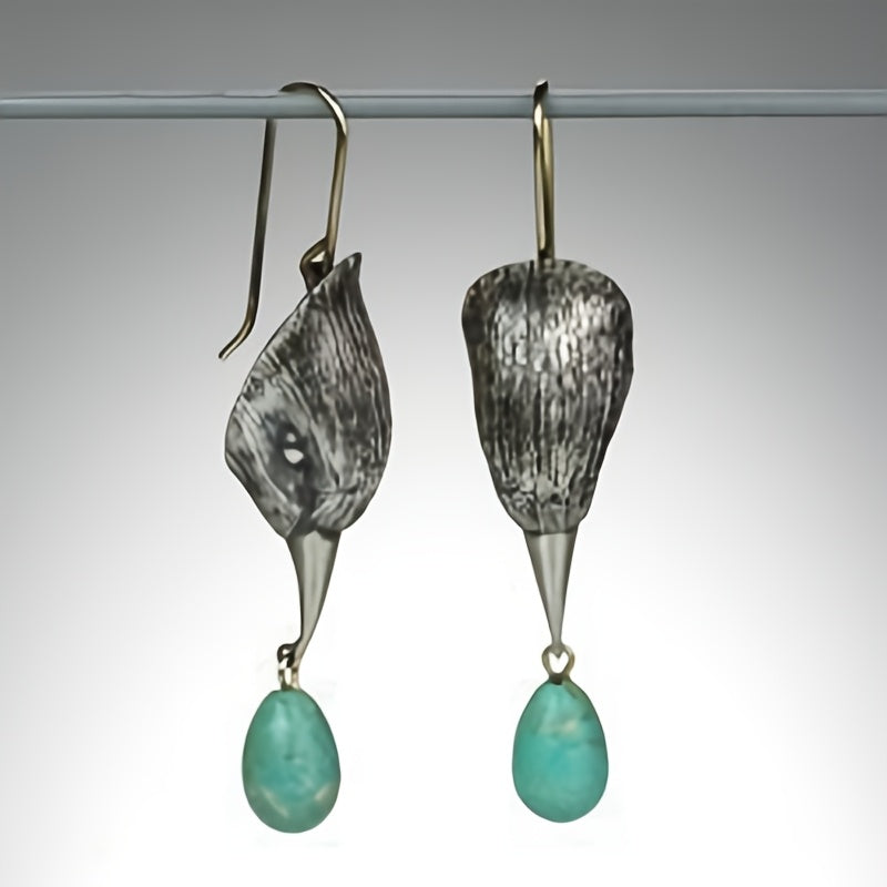 Vintage Silver-Tone Irregular Turquoise Drop Earrings