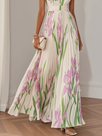 Geplooide chiffon maxi-jurk met vierkante hals en A-lijn rok