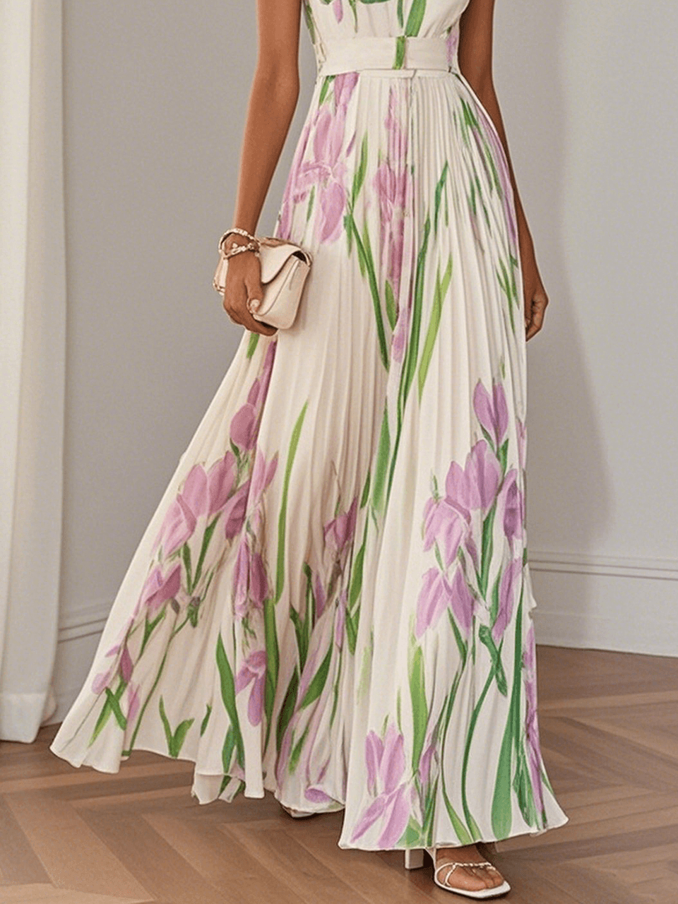 Geplooide chiffon maxi-jurk met vierkante hals en A-lijn rok