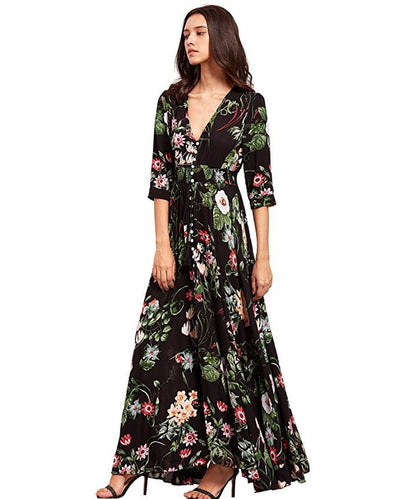 Bohemian gebloemde maxi-jurk met knopen