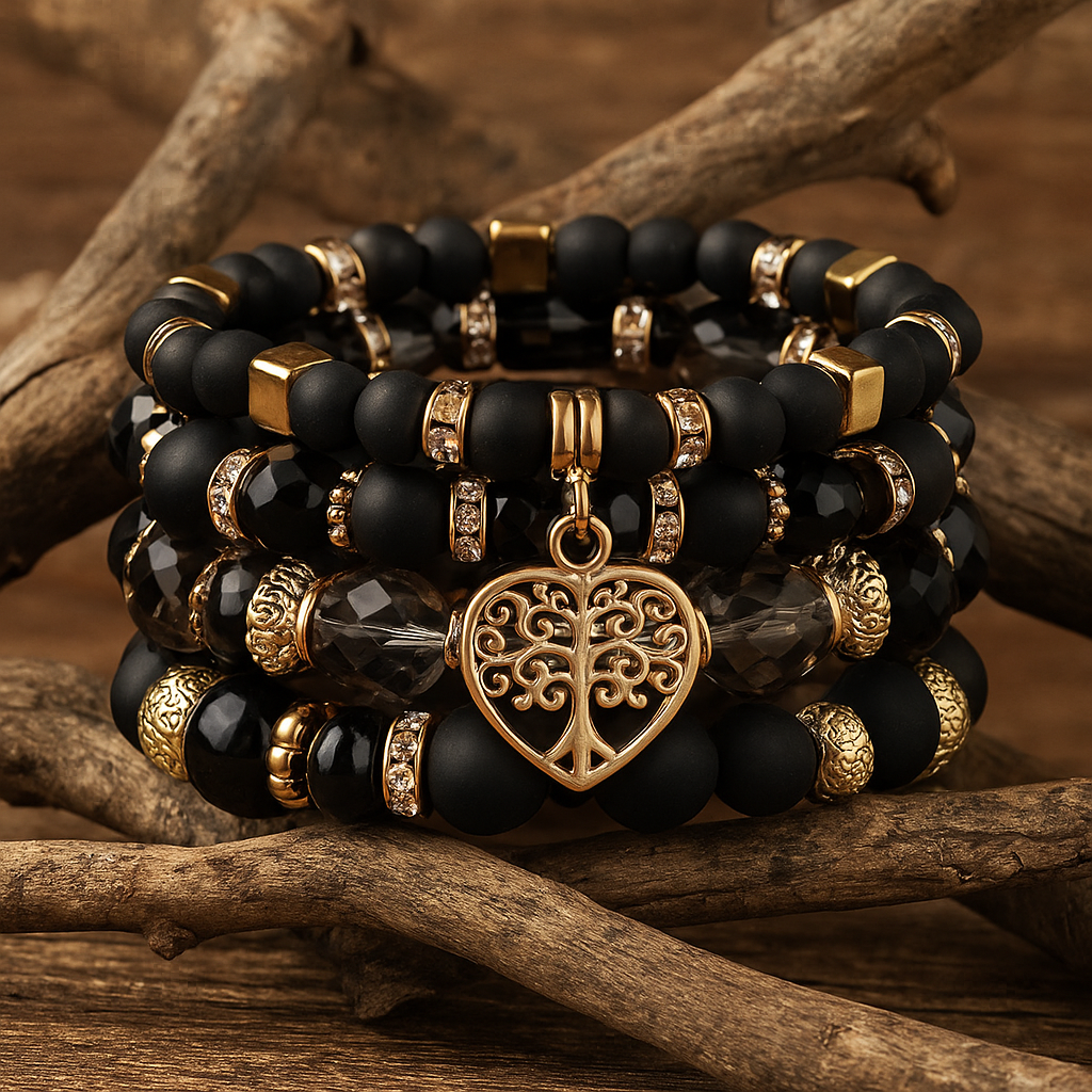 Onyx and Gold-Tone Tree of Life Bracelet