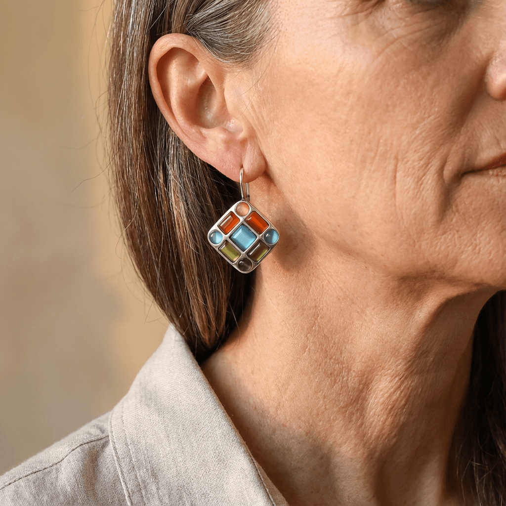 Vintage Geometric Multicolour Stone Drop Earrings