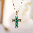 Emerald-Look Baguette Cross Necklace in Gold Tone