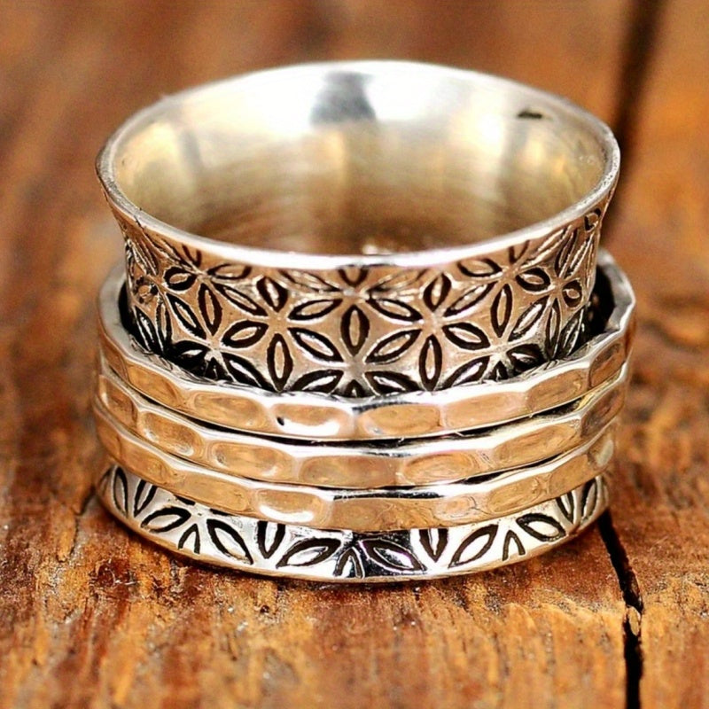 Vintage-Style Boho Floral Wide Silver-Plated Ring