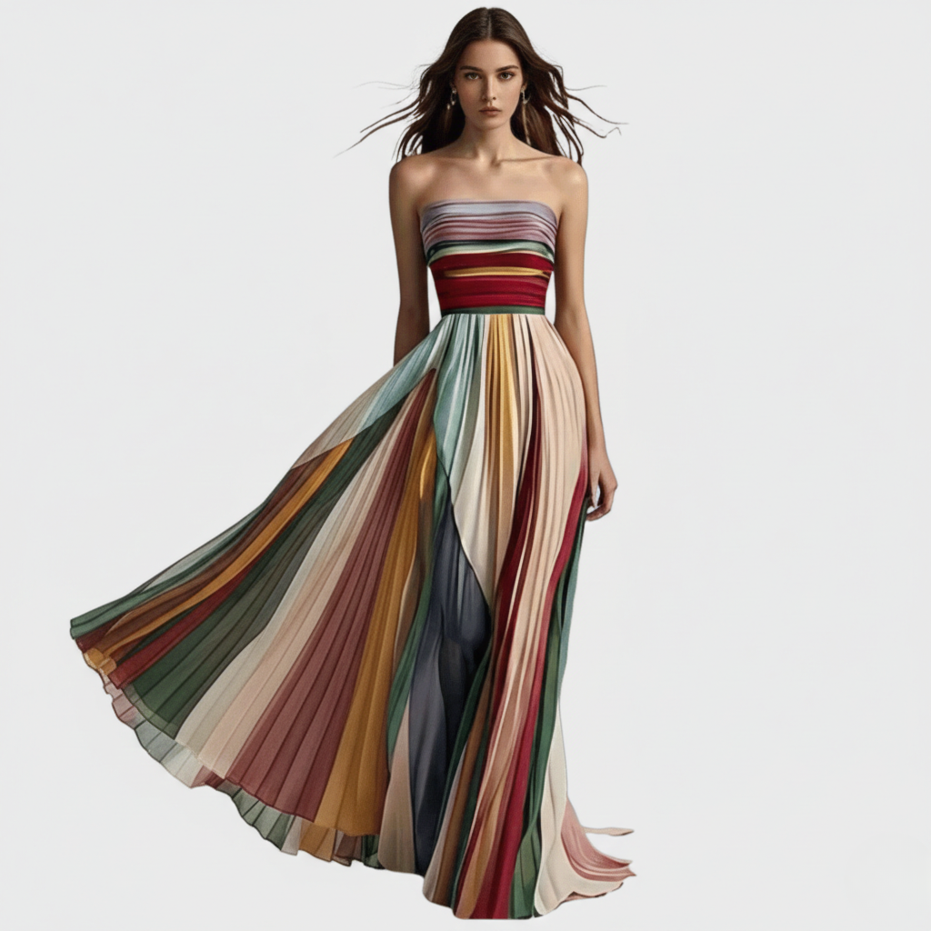 Strapless Pleated Maxi Dress With Vertical Panels