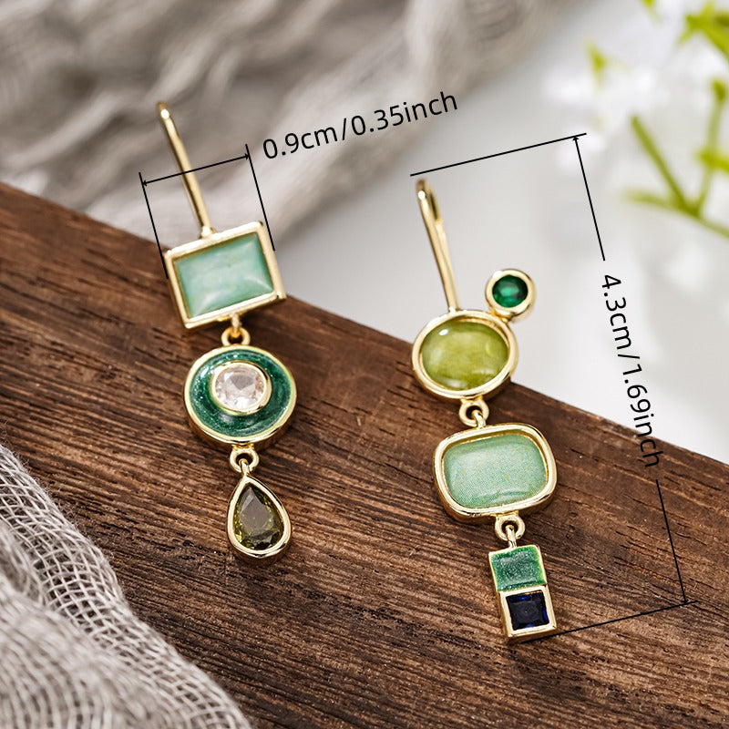 Vintage Geometric Green Stone Gold-Tone Drop Earrings