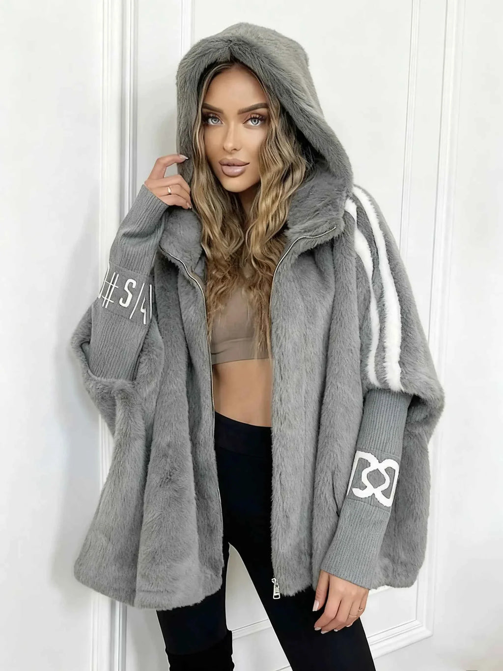 Oversized Winter Coat with Hood and Soft Fluffy Texture