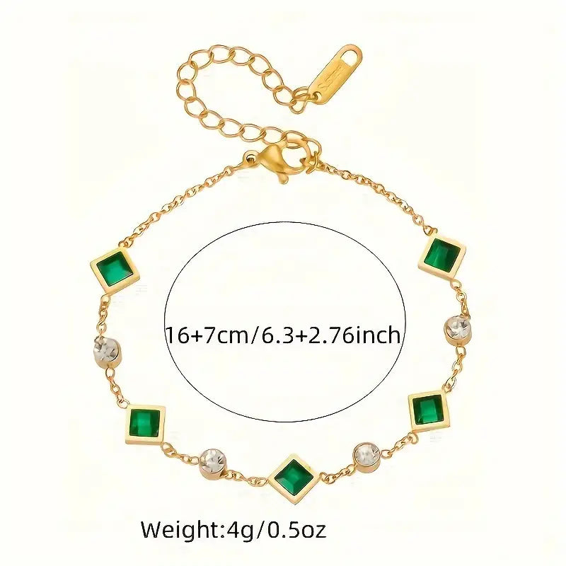 Gold-Tone Chain Bracelet with Green Stone Stations
