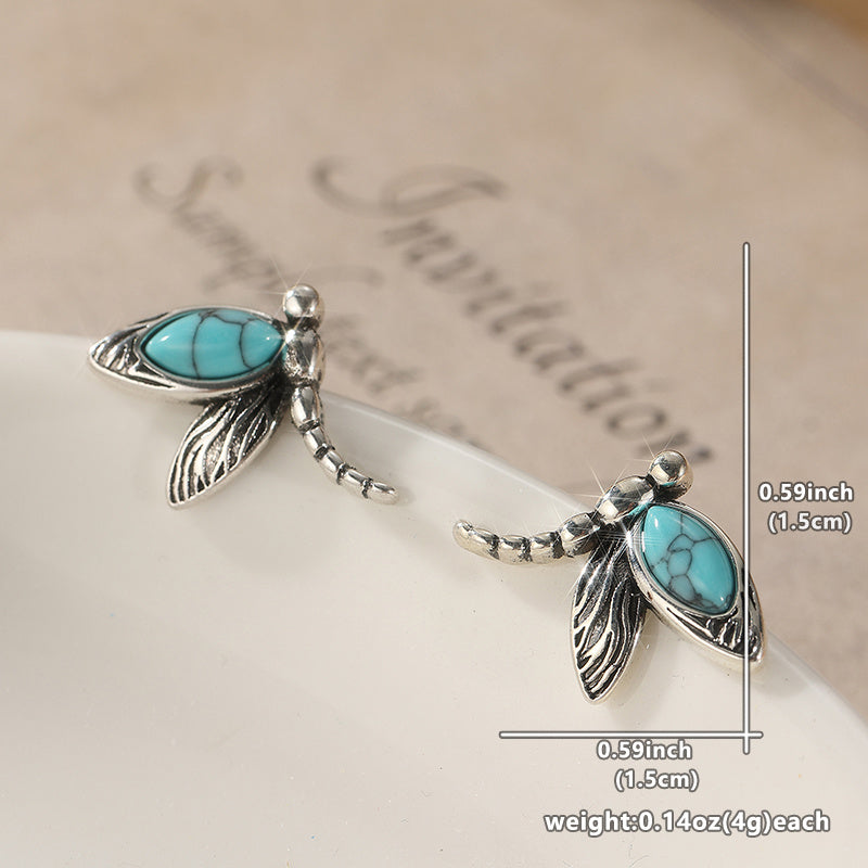 Vintage Turquoise Dragonfly Silver-Plated Stud Earrings