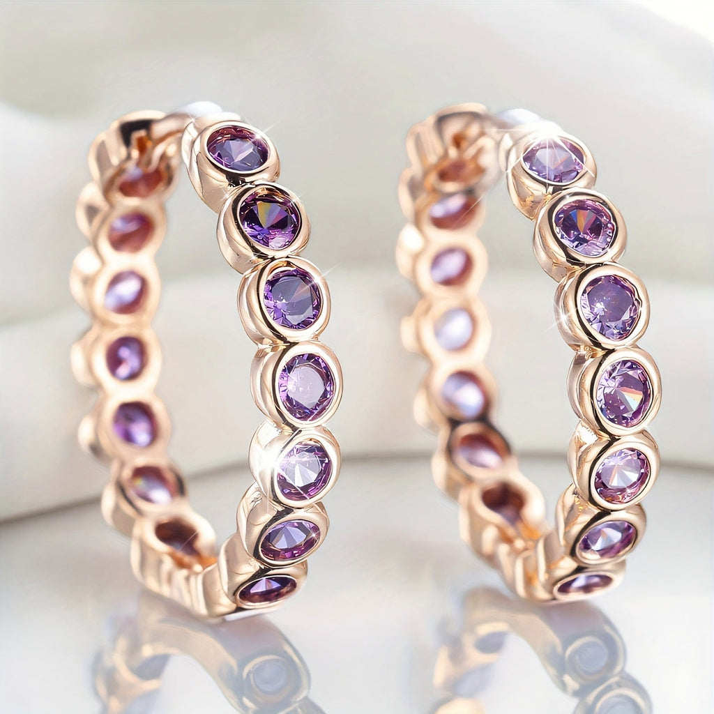 Ethnic-Style Purple Zirconia Crystal Hoop Earrings