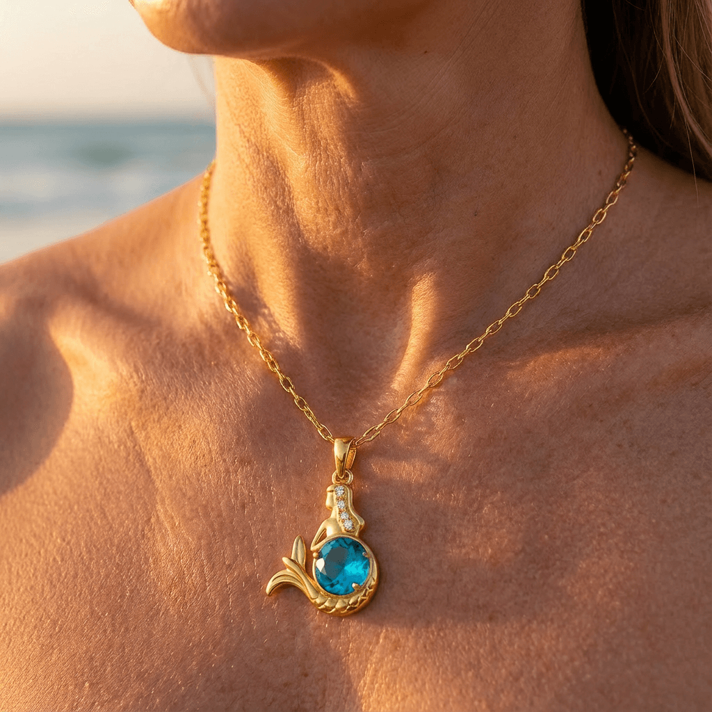 Gold-Tone Mermaid Necklace with Blue Crystal